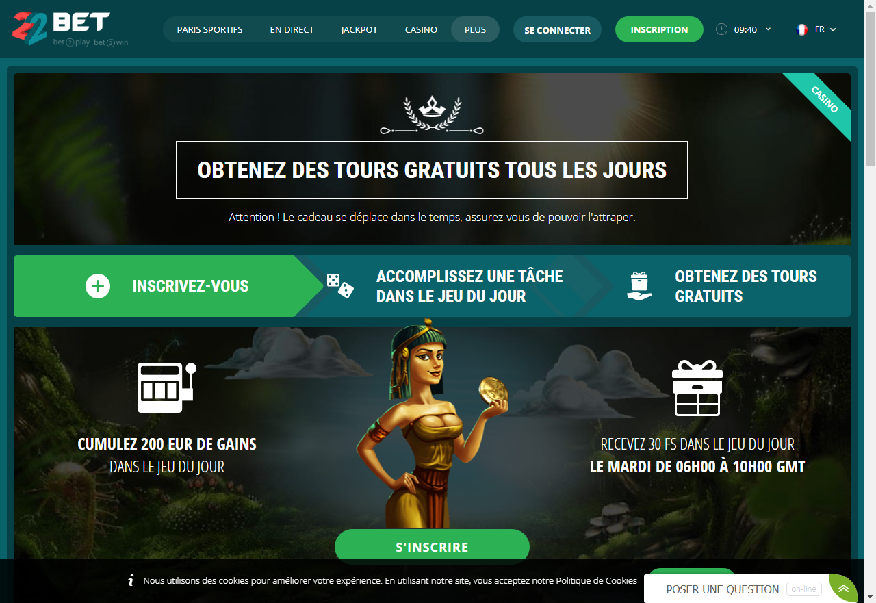 22Bet Obtenez des tours gratuits tous les jours
